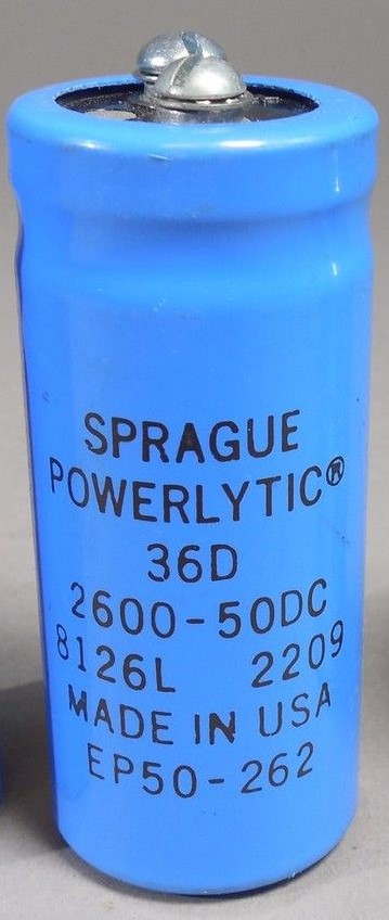 Sprague Powerlytic 2600-50DC Capacitor, 36 DX, Screw Terminals