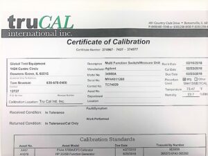 Calibration certificate for Keysight 34980A with Y1130A, showing calibration details.