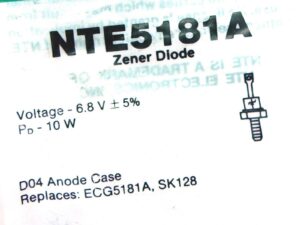 NTE Electronics NTE5181A Zenner Diode, 6.8V, 370ma