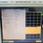 Schematic of Rohde & Schwarz FSU8 spectrum analyzer display with firmware version and settings.