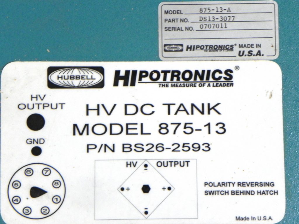 Hipotronics 875-13-A High Power DC Power Supply, 75kV, 13mA, 1KW, Rackmount Controller with Square, Oil Insulated High Voltage Section. Single Phase, 120V 50/60 Hz.