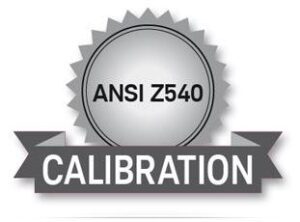 Calibration badge with ANSI Z540 standard for test equipment calibration.