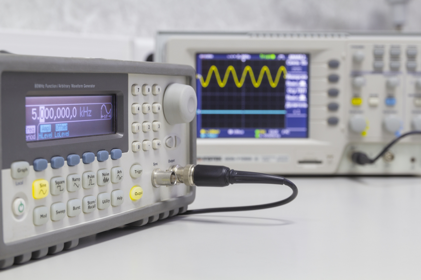 Power supplies and electronic measuring devices in the laboratory Power supplies and electronic measuring devices in the laboratory.Electronic measuring instruments in science lab.