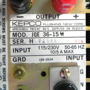 Power supply label with KEPCO branding and technical specifications.