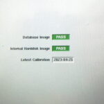 Calibration status screen showing database and hard disk pass with date 2023-04-25.